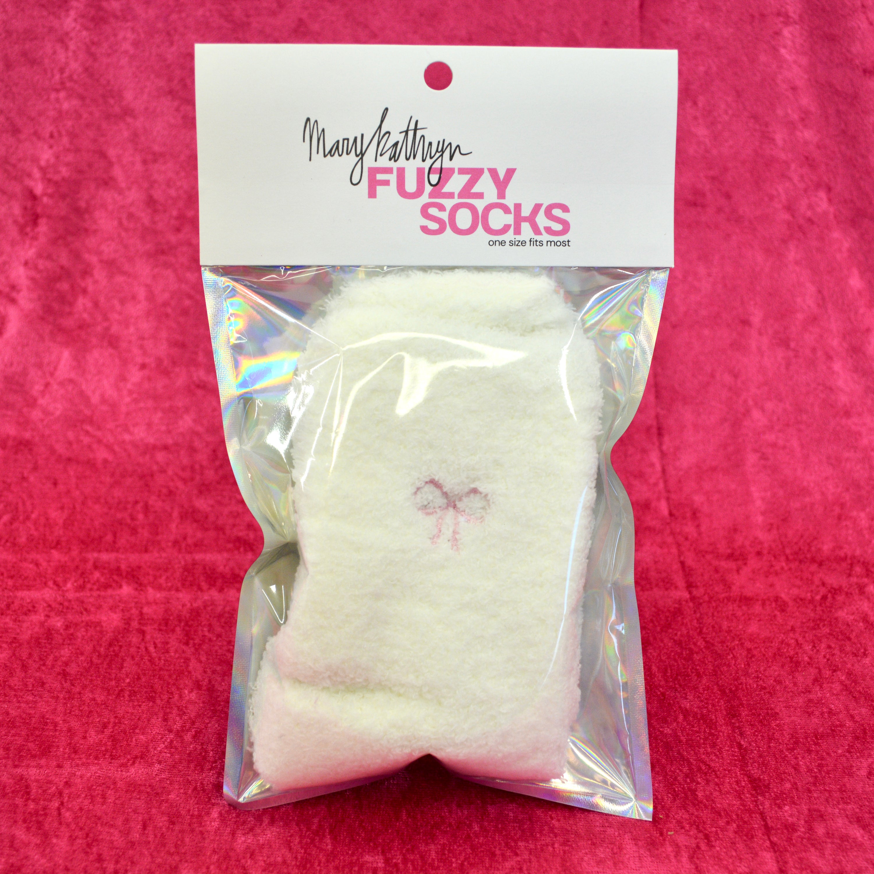 White / Pink Ribbon Fuzzy Socks