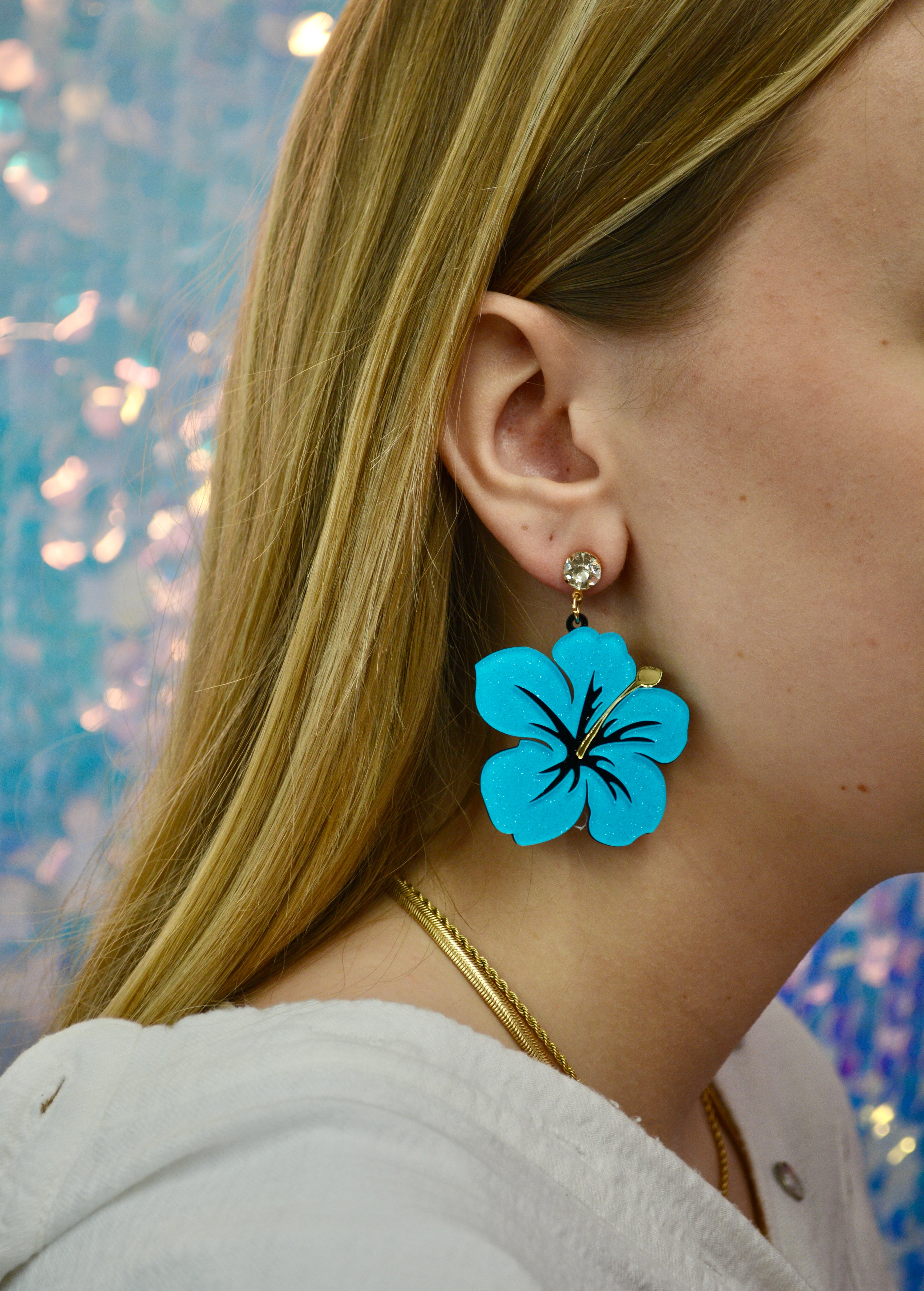 Teal Hibiscus Flower Earrings