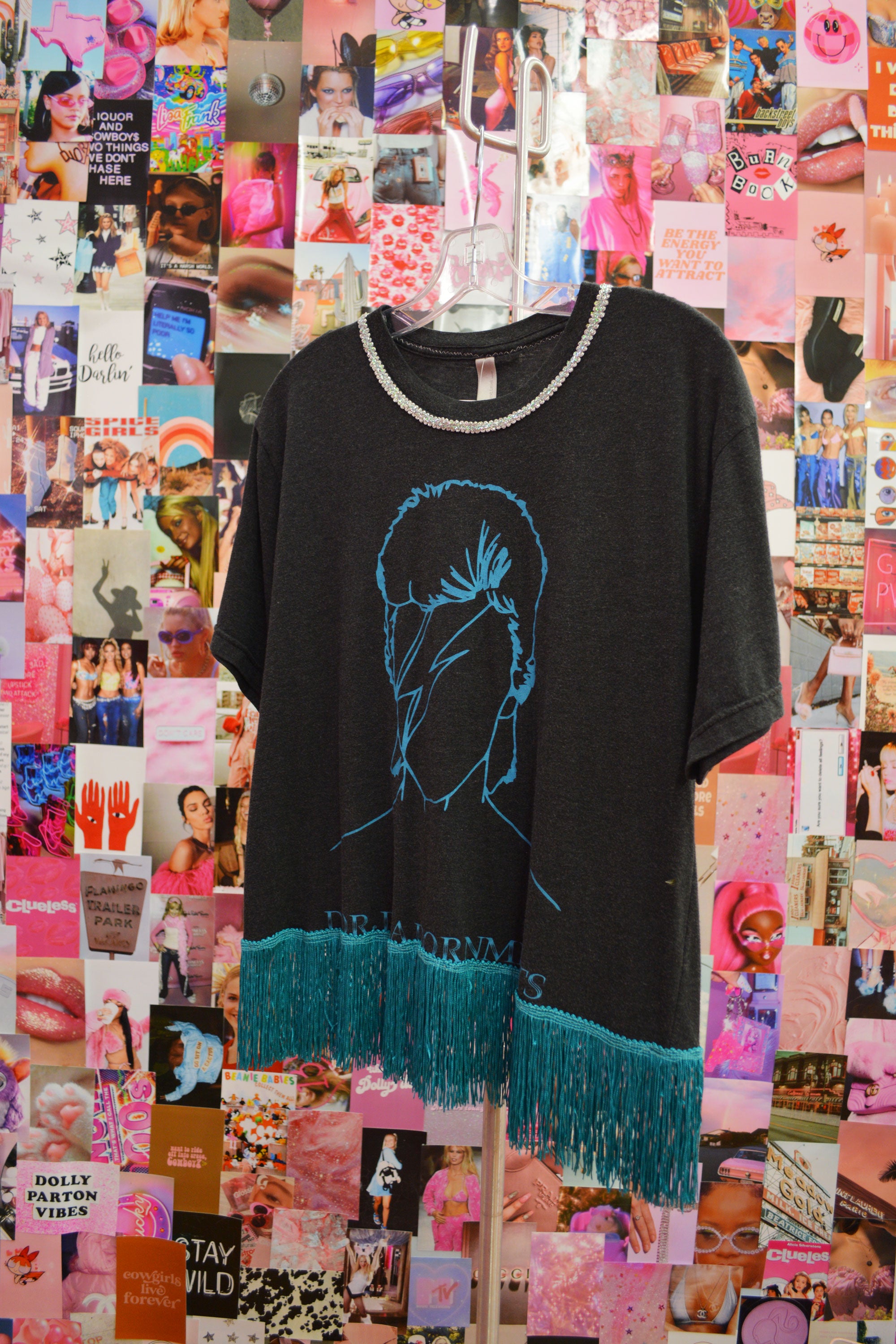 Repurposed Bowie Tee with Teal Fringe (LARGE)