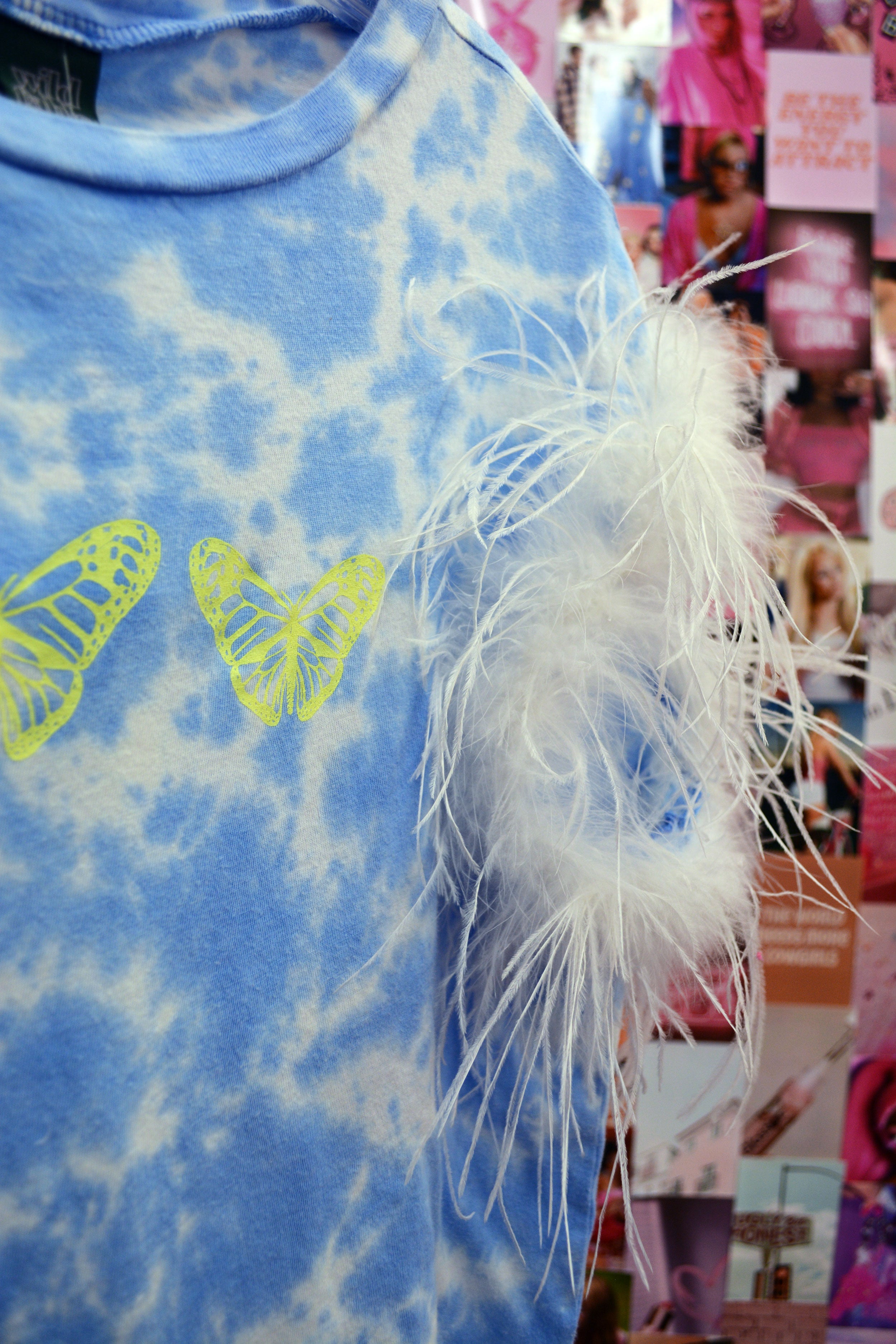 Repurposed Butterfly Tee with White Feathers (SMALL)
