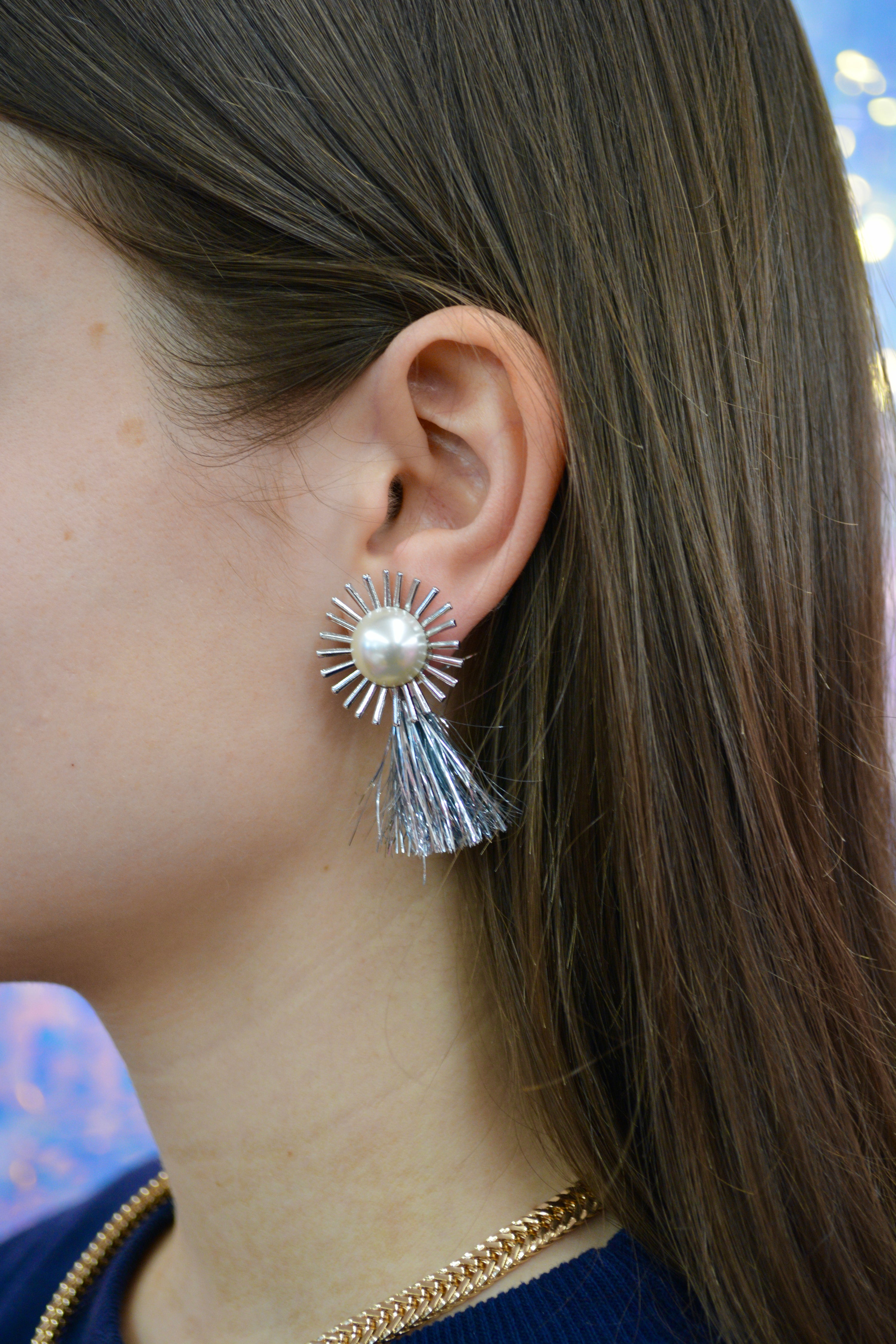 Silver Metallic Starburst Tassel Earrings
