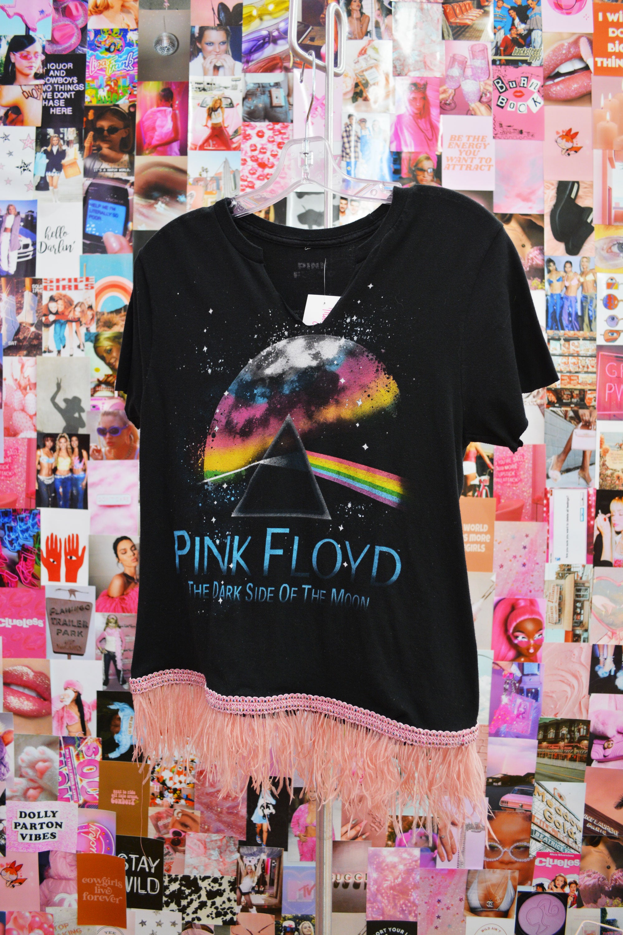 Repurposed Pink Floyd Tee with Pink Ostrich Feathers (S)